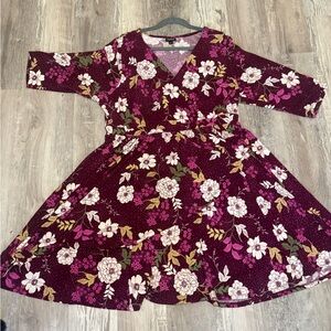 Torrid Size 2 Burgundy Floral Wrap Dress 3/4 Sleeve Skater Plus 18 20